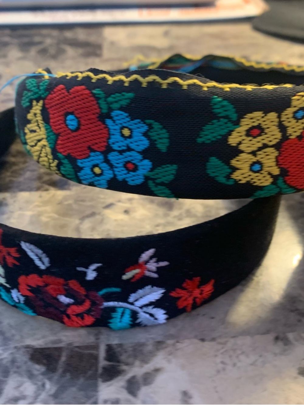 Floral Embroidered Black Headbands - Set of 2 - Picture 3 of 3